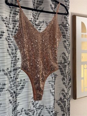 Forever 21 Rose Gold Sequin Bandeau Bodysuit